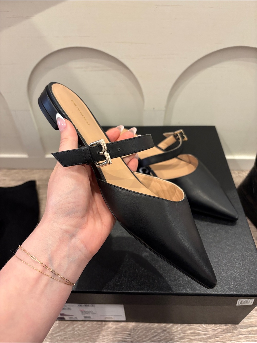 Black Pointed Leather Flat Mule Buckle Strap